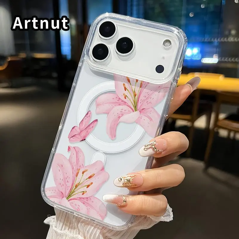 Magnetic Case for iPhone 17 Pro Max Air Promax Pink Lily Reverie Pattern Hard Acrylic Back Soft TPU Edge Four Corners Bumper Shockproof Cover Shell Gift for Girl
