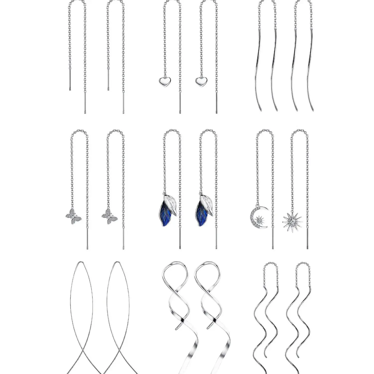 ORAZIO 9 Pairs Threader Earrings for Women Stainless Steel Chain Tassel Earrings Lightweight Double Twist Wave Heart Moon Leaf Design Minimalist Long Chain Earrings Set