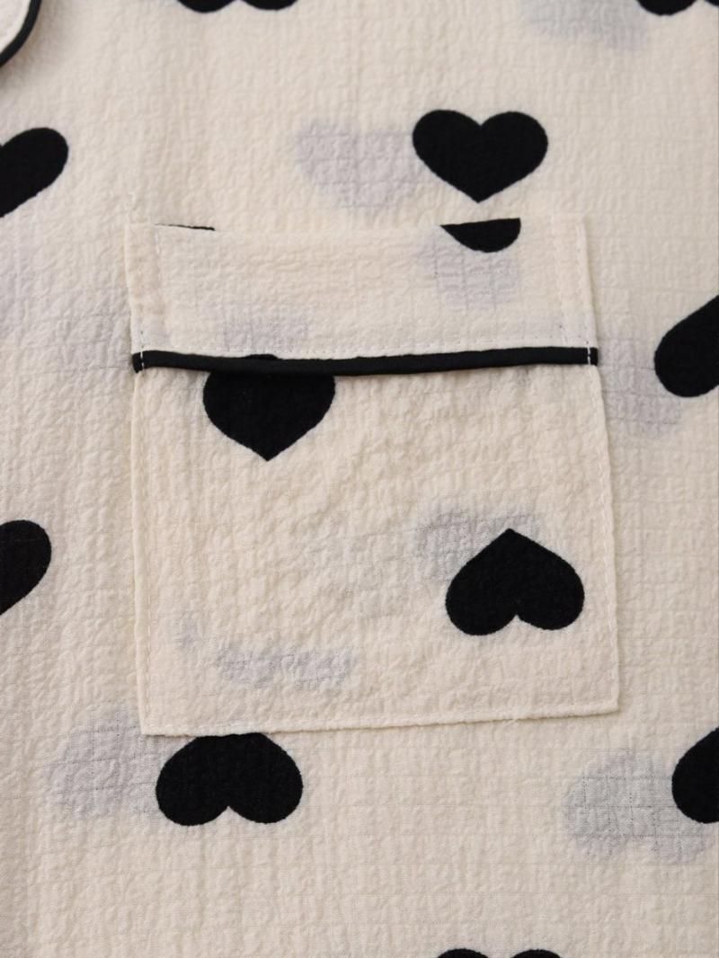 Women's Heart Print Lapel Neck Top & Elastic Waist Shorts Pyjama Two-piece Set, Casual Comfy Short Sleeve Top & Shorts PJ Set, Ladies Sleepwear Loungewear for All Seasons