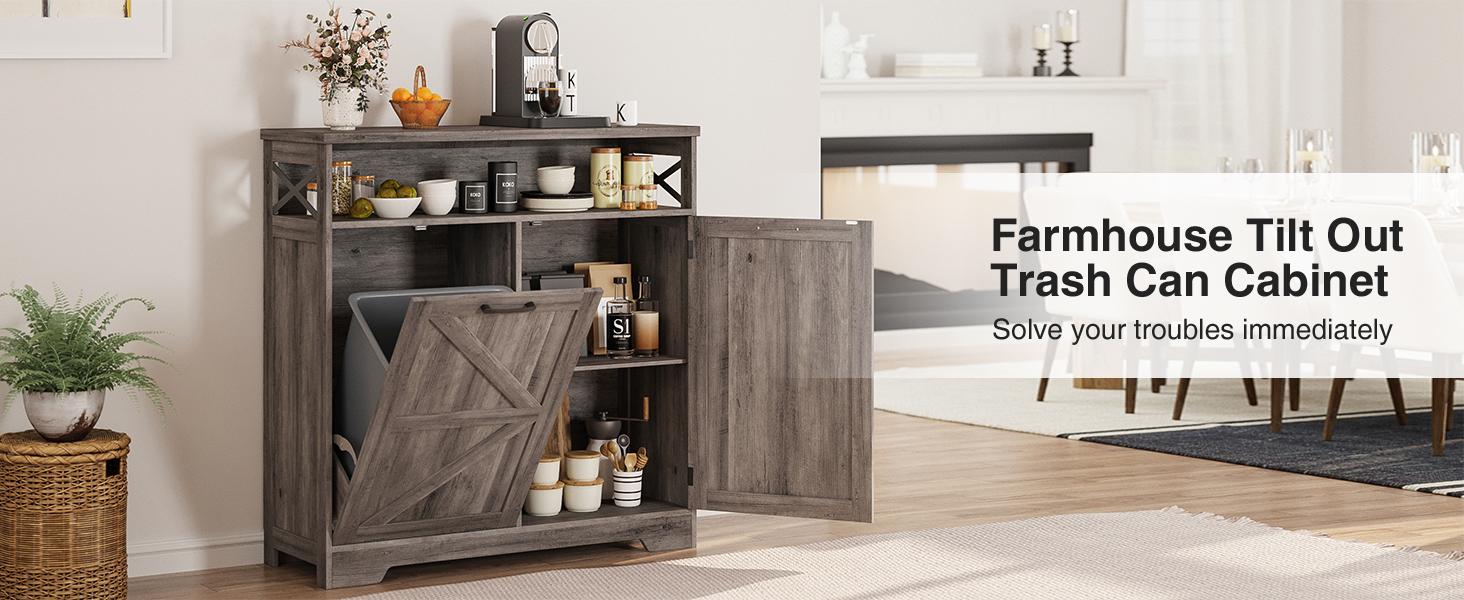 Vabches Tilt Out Trash Can Cabinet for 10 Gallon Trash Can, Farmhouse Kitchen Island Bin Cabinet with Adjustable Shelf for Hidden Laundry Basket, Dual Dog Proof Garbage Can for Dining Room, Living Room