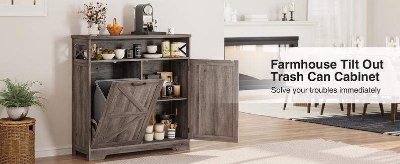 Vabches Tilt Out Trash Can Cabinet for 10 Gallon Trash Can, Farmhouse Kitchen Island Bin Cabinet with Adjustable Shelf for Hidden Laundry Basket, Dual Dog Proof Garbage Can for Dining Room, Living Room