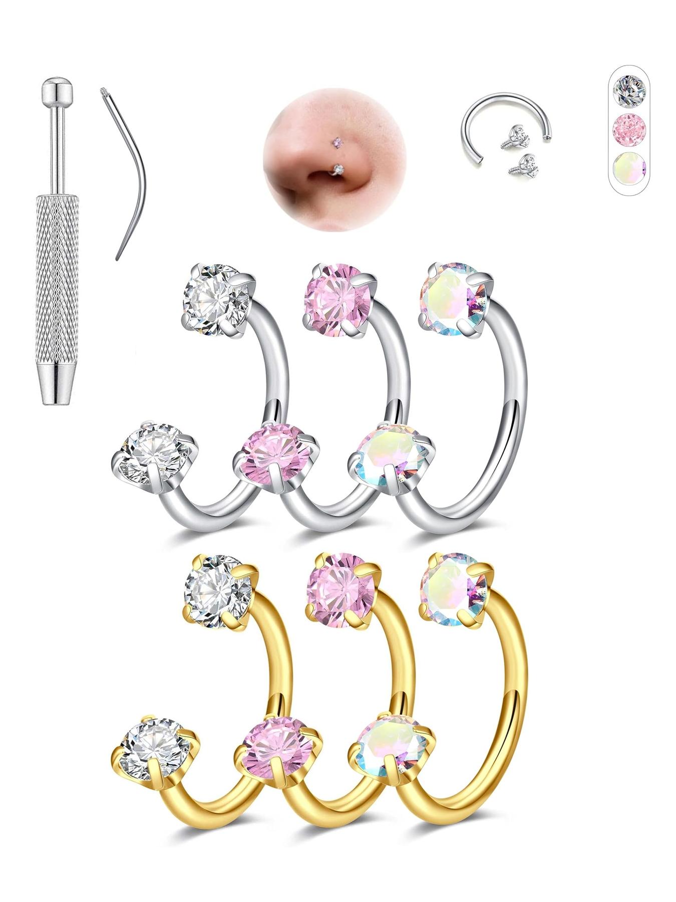 Hoop Nose Ring Set, Horseshoe Nose Rings for Women, Stainless Steel Piercing Jewelry, Dual Gemstone Hoop Rings, Surgical Steel Cartilage Spiral Earrings, Nose Piercing Kit