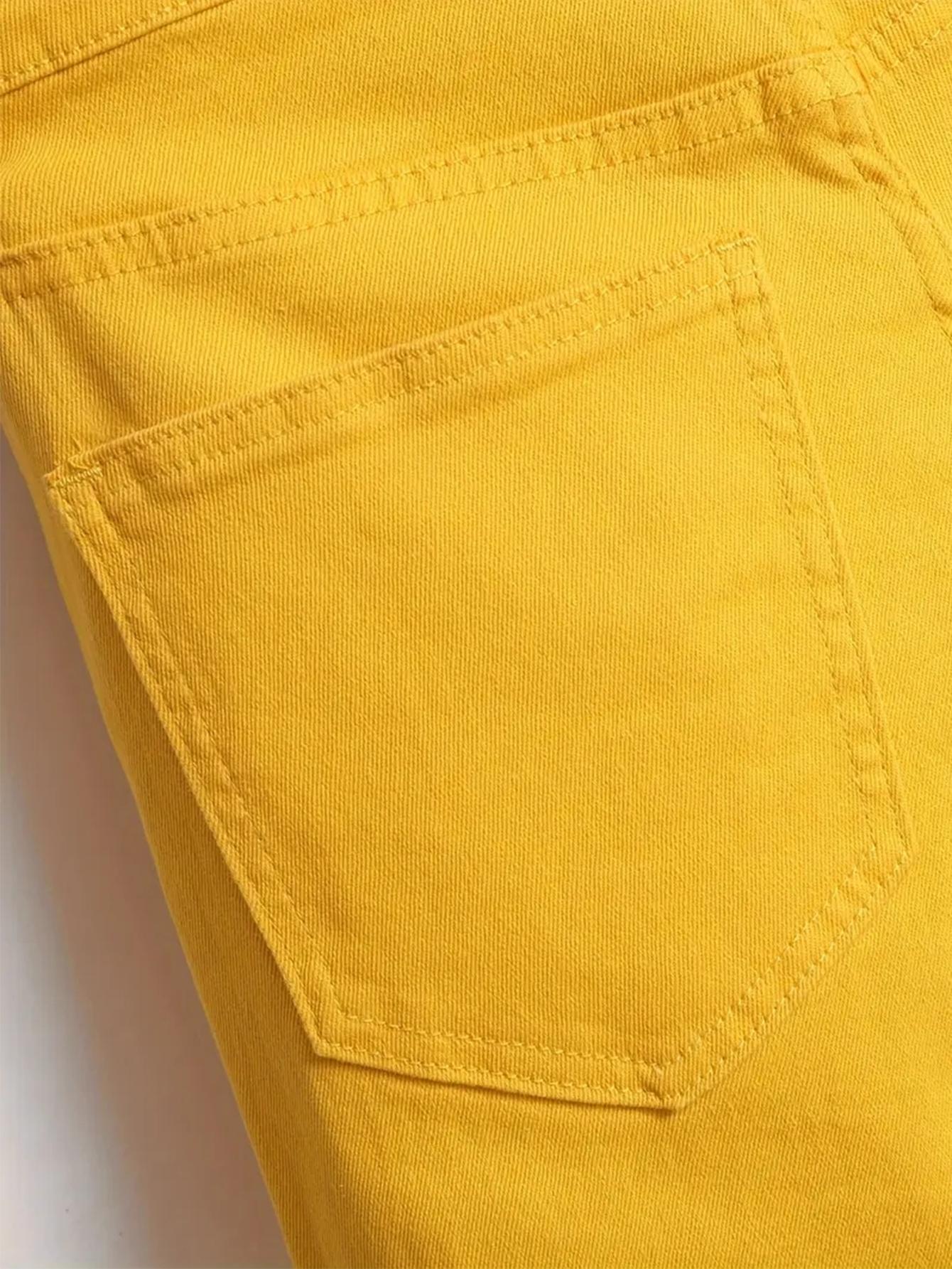 Men's Cotton Yellow Distressed Ripped Denim Shorts, Y2K Streetwear Bright Color Jean Shorts, Casual Summer Knee-Length Bottoms, High Street Fashion