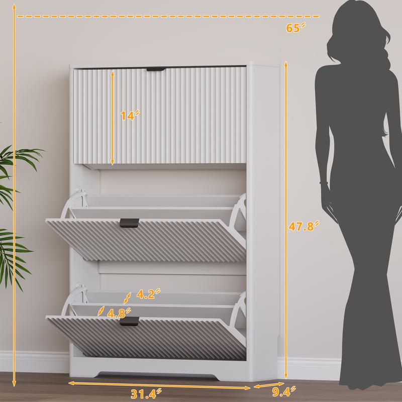 Natural Finish Shoe Cabinet Storage for Entryway with 3 Flip Drawers, Black Fluted Shoe Cabinet with Adjustable Shelves, Wooden Hidden Shoe Rack Freestanding Narrow Slim Shoes Storage for Hallway, Entrance