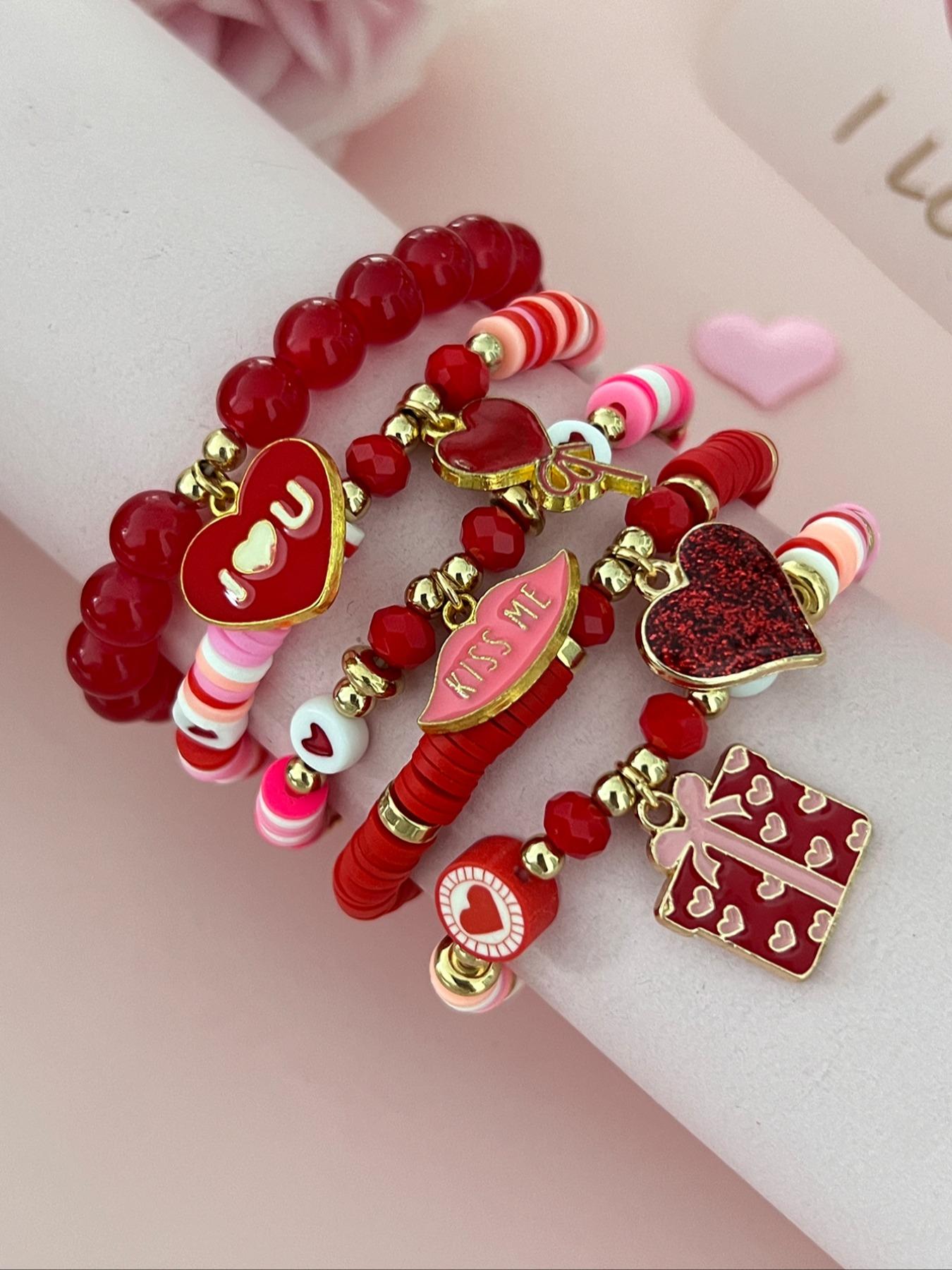 Women's Beaded Charm Bracelet Set, Soft Pottery Chain Material, Heart Pattern Design, Ideal Gift for Women & Girls, All-Season Jewelry