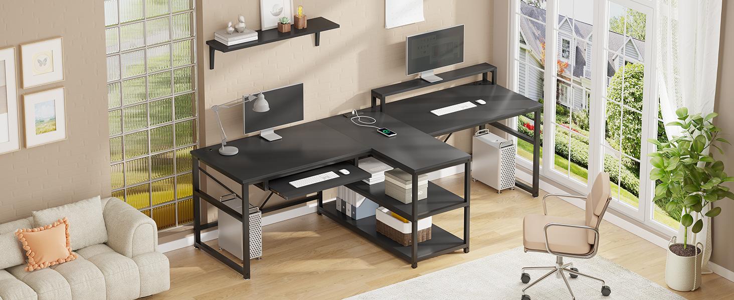 94.5 Inch Office Computer Desk 2 Person Gaming Desk with Storage LED Lights Keyboard Tray Power Strip with USB & Monitor Stand