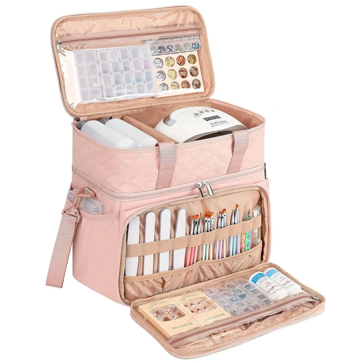 Pink Double Layer Nail Polish Organizer Bag, Holds 80 x 15ml/0.5 fl. oz Bottles & Includes Lamp Slot, 2 Removable Pouches for Manicure Storage (Bag Only)