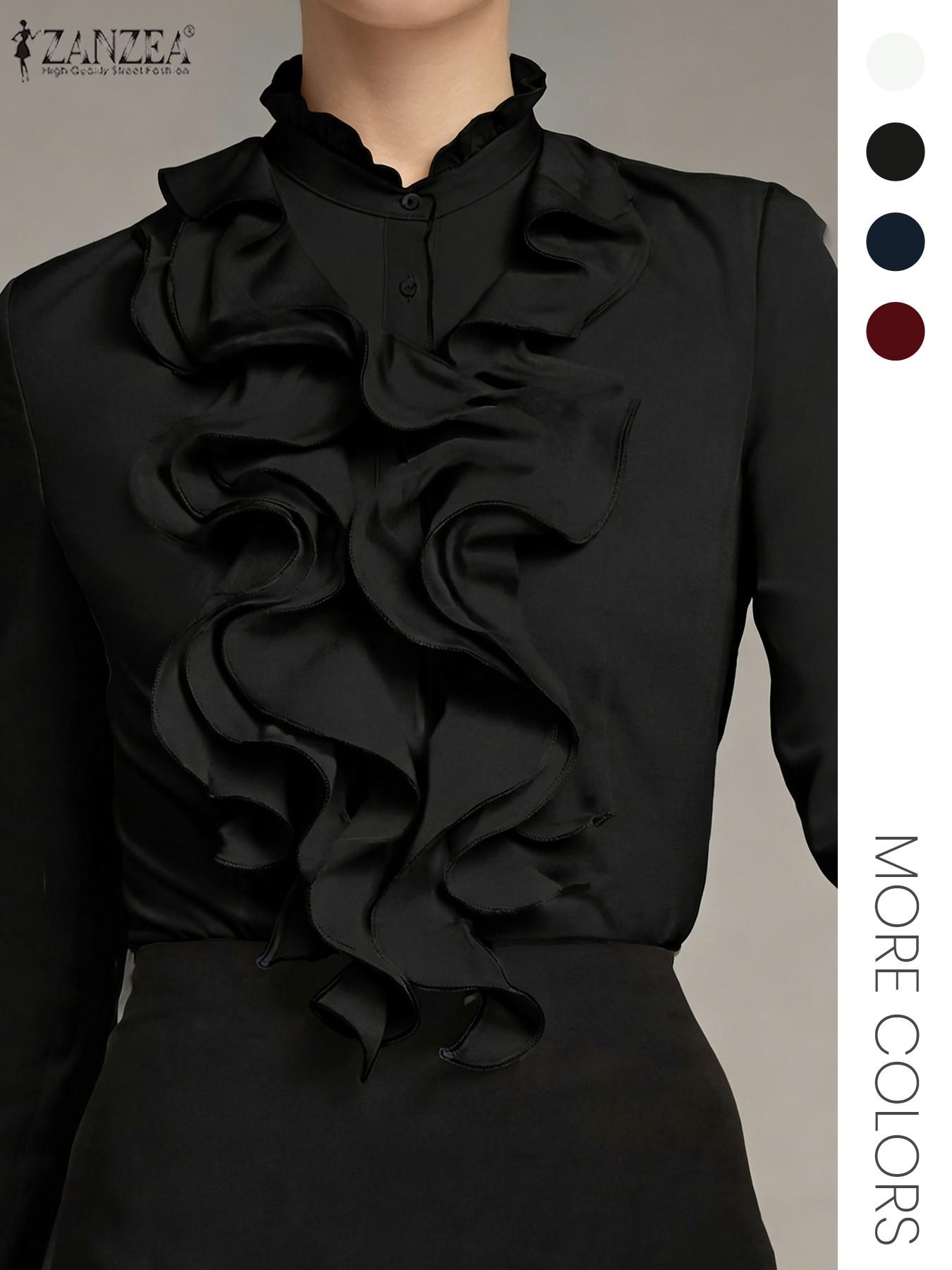 Women's Plain Ruffle Trim Button Front Blouse, Elegant Fitted Long Sleeve Stand Collar Top for Work Office Business, Women's Clothing for Fall & Winter