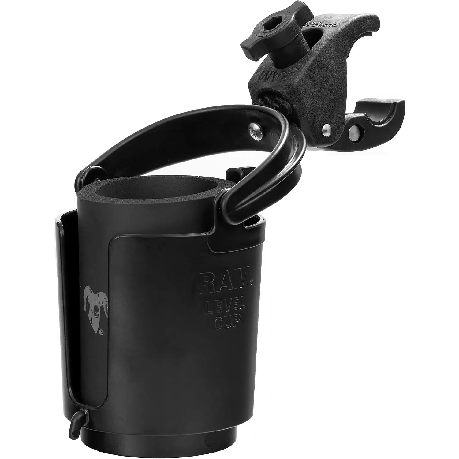 Tough-Claw Cup Holder with B Size 1" Ball, Self-Leveling | Holds drinks up to 16 oz, clamps to handlebars and rails, compatible with  systems