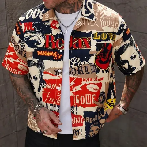 Vintage American Gossip Graffiti Cuban Collar Short Sleeve Casual Printed Loose-Fitting Blouse, All-Over Print Top Shirts