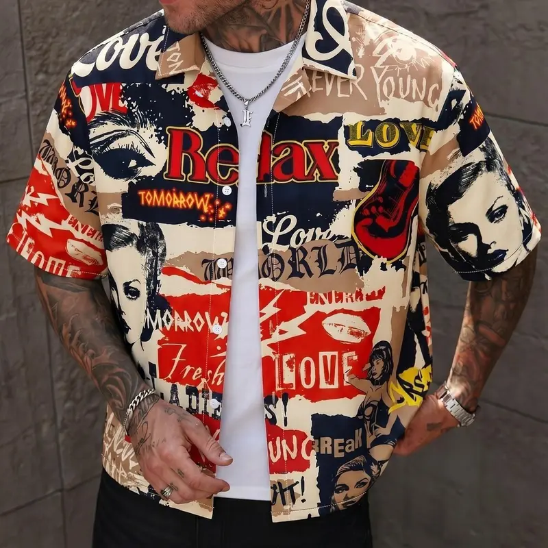 Vintage American Gossip Graffiti Cuban Collar Short Sleeve Casual Printed Loose-Fitting Blouse, All-Over Print Top Shirts