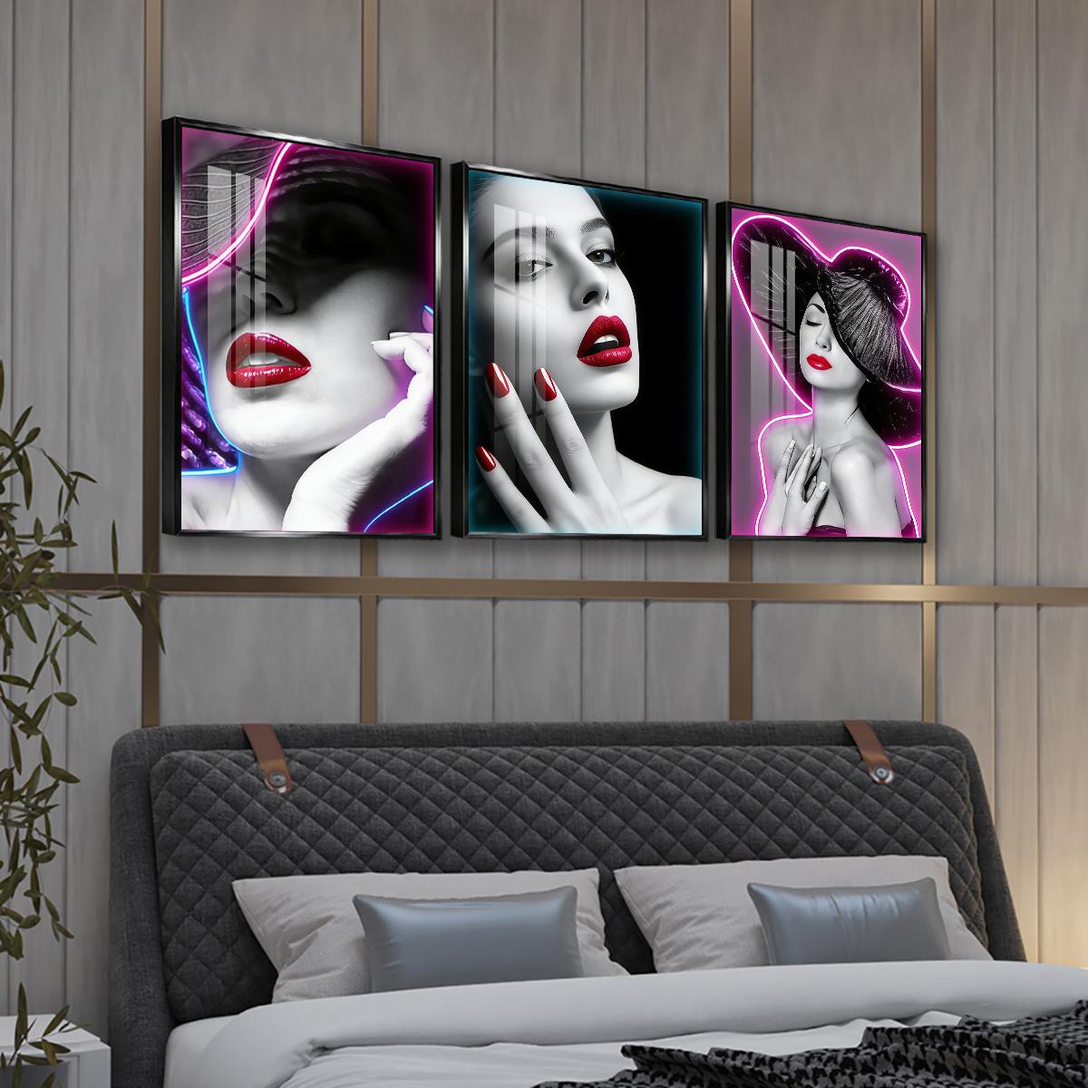 3 Counts Aluminum Alloy Framed Painting, Neon Beauty Portrait Art With Red Lips And Nails, Home Decoration For Living Room, Bedroom, Office, Restaurant, Hallway Wall Decor, Odorless Print Artwork, Luxury Perfect Gift For Friends And Family