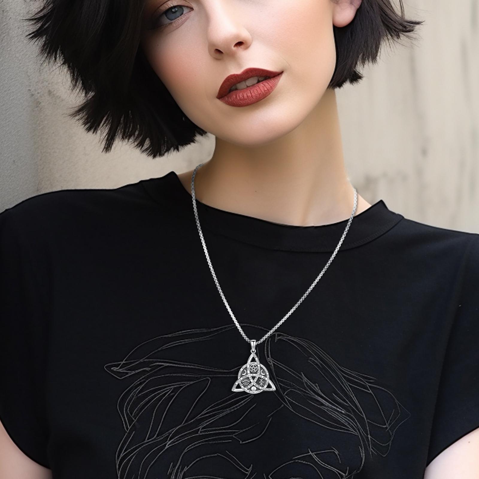 DRINSPER 925 Silver Vintage Celtic Knot Pendant Necklace, S925 Sterling Silver Triquetra Necklace, Nudo De Bruja Plata Triquetra Amuleto, Simple Design Gothic Necklace,Streetwear Hip Hop Accessory,Viking Witch Jewelry Casual Matching Jewelry for Women Man