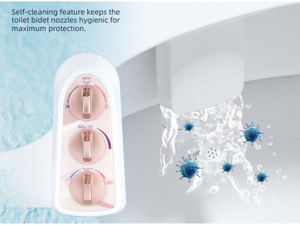 Hibbent Bidet Attachment for Toilet with Self Cleaning Dual Nozzle, Hot and Cold Water Spray Non-Electric Mechanical Toilet Seat Bidet for Rear or Female Washing Sanitizing, Rose Gold