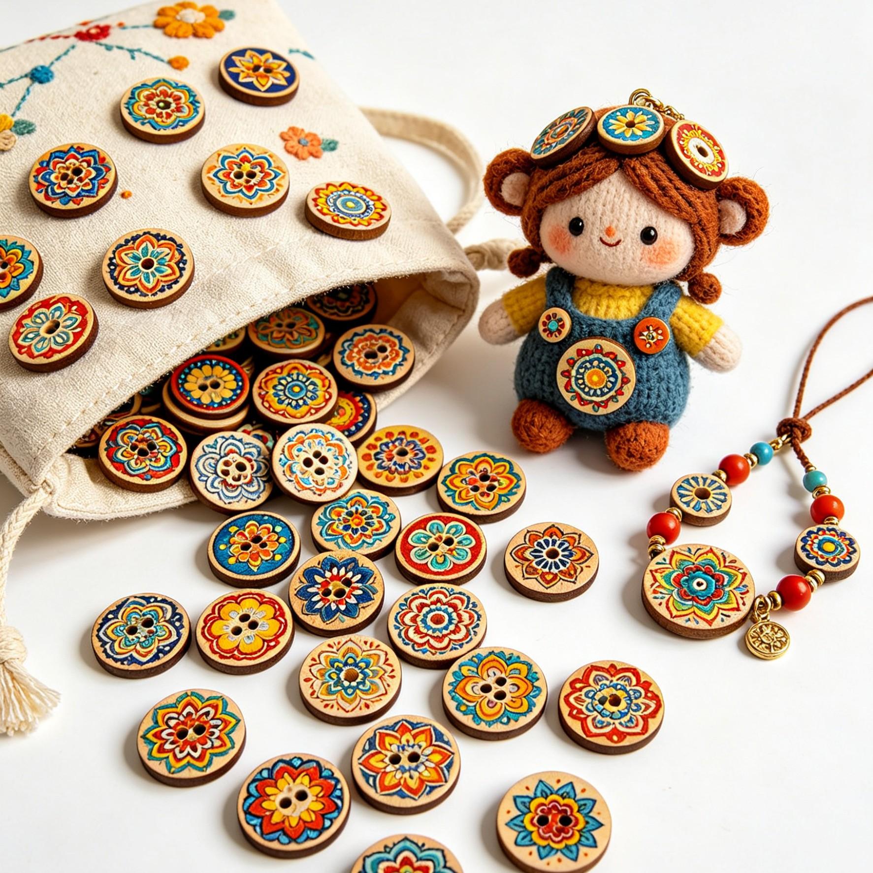 Bohemian Wood Buttons 50pcs, Vintage Floral Print, Handmade DIY Crafts, Home Decor, Jewelry Making, Scrapbooking, Wall Art