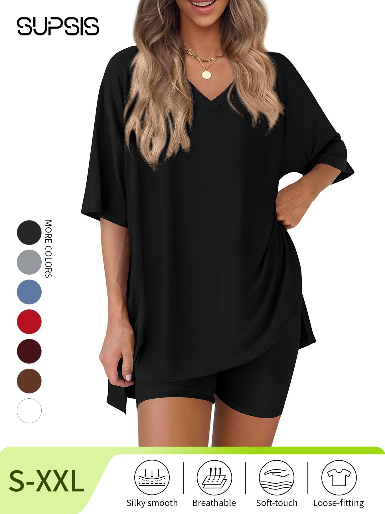Women's V-Neck 2-Piece Lounge Set Loungewear, Oversized Shirt and Shorts, Spring/Summer Loose-Fit Matching Outfit for Daily Wear