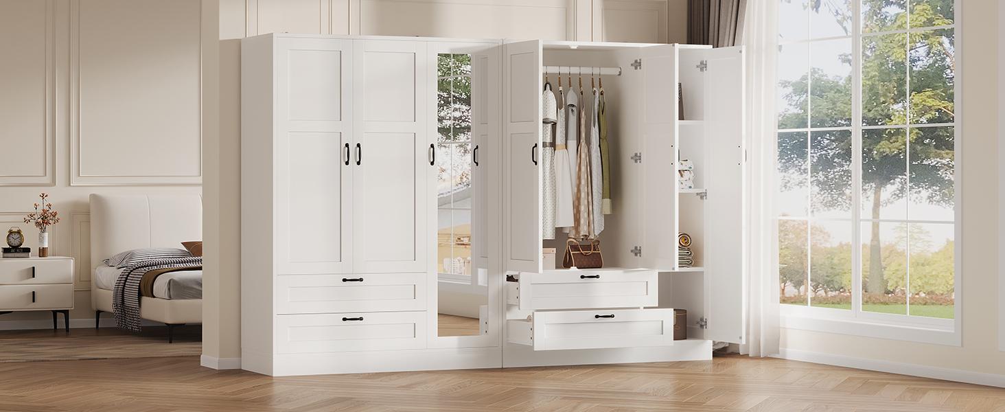 FUSOU 5-in-1 Wardrobe Closet with Full Length Mirror and 2 Drawers, Freestanding Storage Cabinet with Adjustable Shelves, Modern White Wood Armoire for Bedroom Organization FUSOU 5-in-1 Wardrobe Closet with Full Length Mirror and 2 Drawers, Freestanding Storage Cabinet with Adjustable Shelves, Modern White Wood Armoire for Bedroom Organization