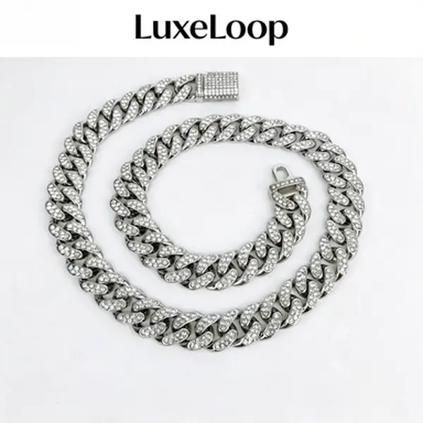 LuxeLoop Iced Out Miami Cuban Link Chain, Full Paved Cubic Zirconia Square Box Clasp Necklace & Bracelet, Gold Silver Tone Hip Hop Streetwear Stackable Jewelry, Unisex Rapper Drip Statement Accessory Gift for Men Women