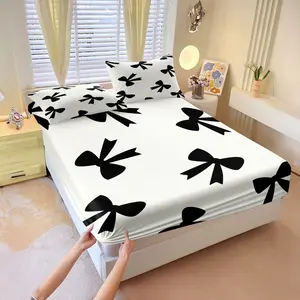 3Pcs Minimalist Bow Print Fitted Sheet Set, Cute Heart-Accented Bed Sheets for Bedroom, Warm Gift for Girls and Women