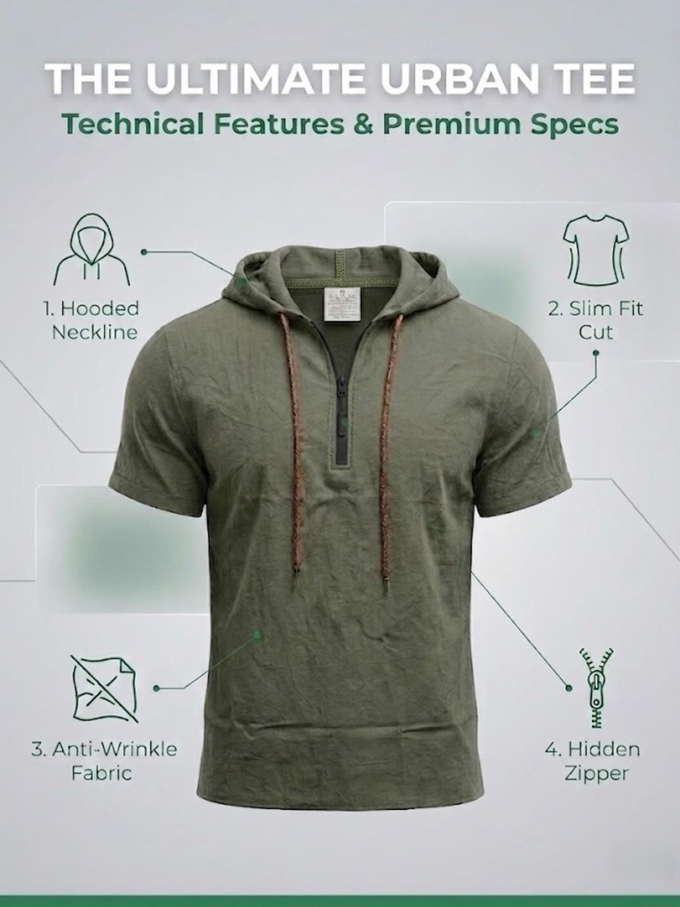 Men's Linen Breathable Half-Zip Hooded Short Sleeve T-Shirt, Summer Casual Sports Sweatshirt, Comfortable Loose Fit Plain Design