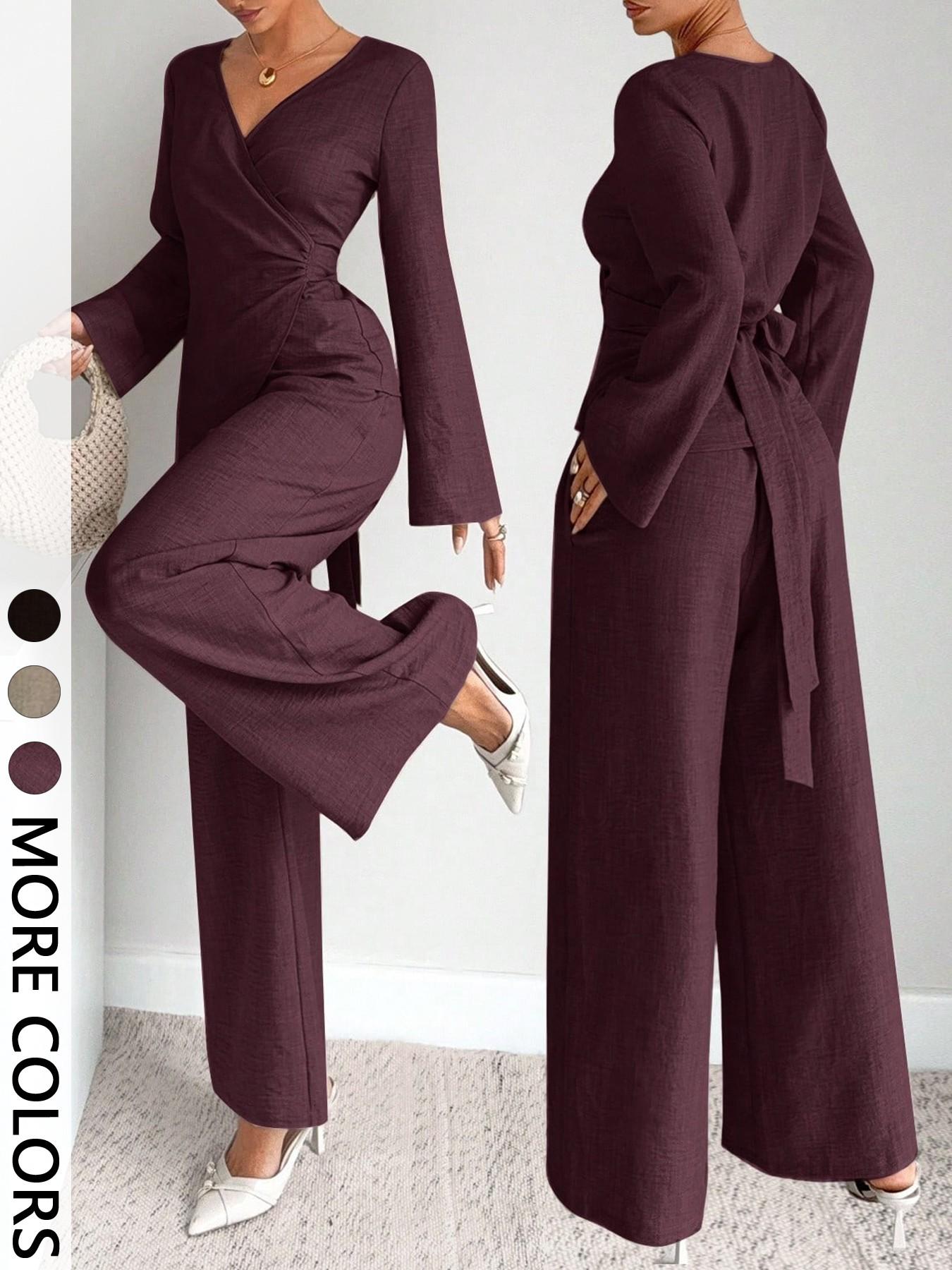 Elegant Women's 2-Piece Set Suits, Plain Color Layered Neck Crop Shirt with Bell Sleeve, Long Pants, Fall Winter for Parties