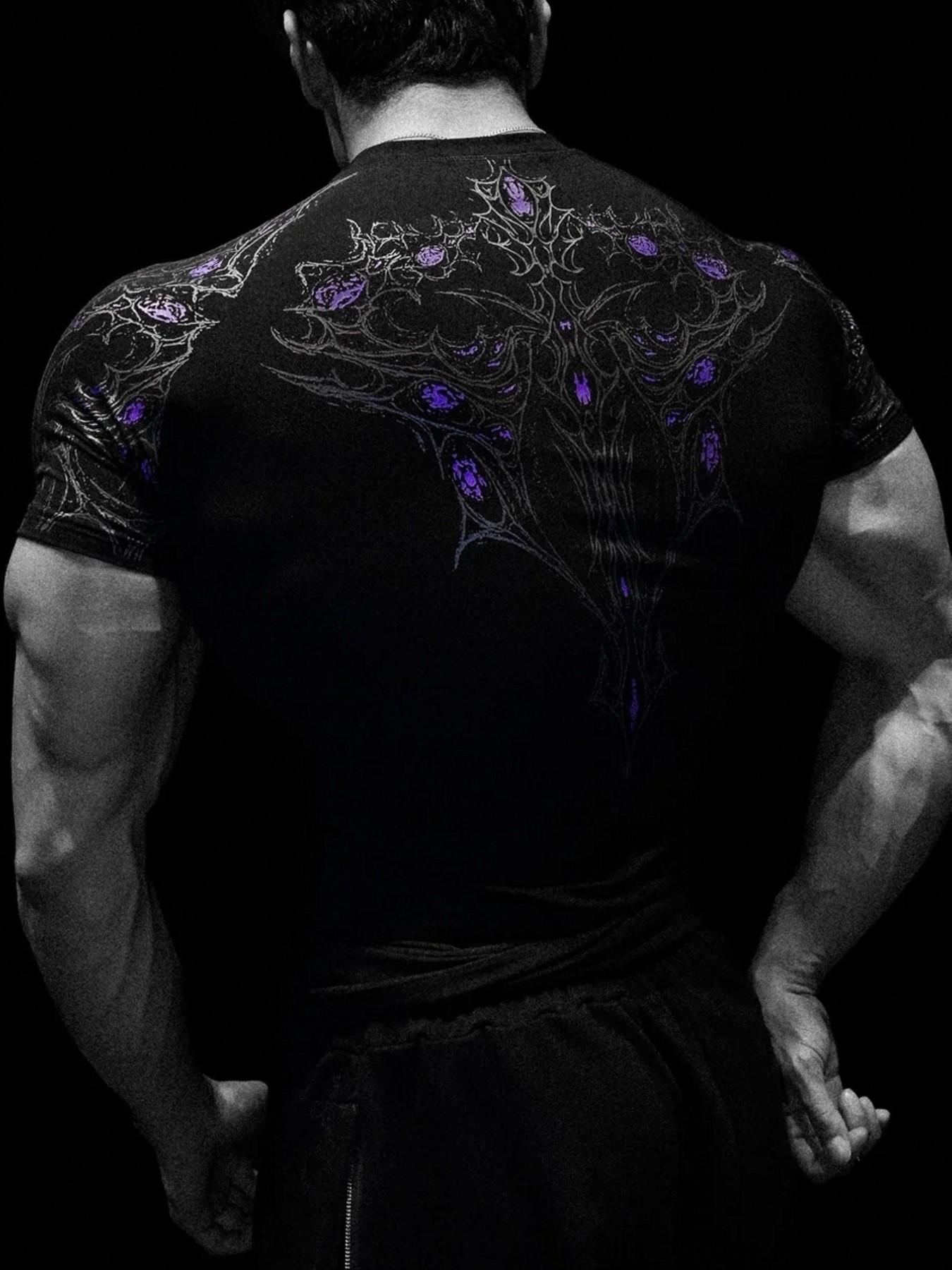 Men's Slim-Fit Short Sleeve T-Shirt, Cyber Gothic Dark Style, Elastic Quick-Dry Fitness Top, Ideal for Strength Training & Streetwear