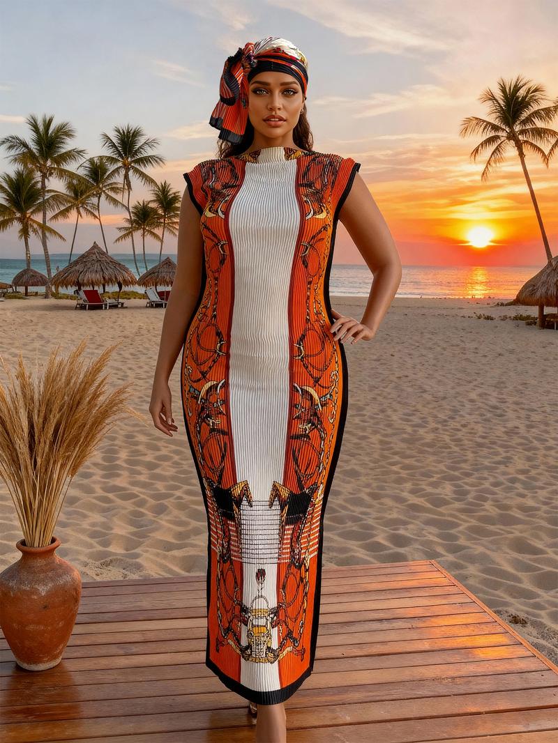 Women's Elegant Animal Print Long Dress Set, Slim-Fitting Moo Moo Skirt & Scarf, Beach Sun Protection Shawl, All Seasons Fashion