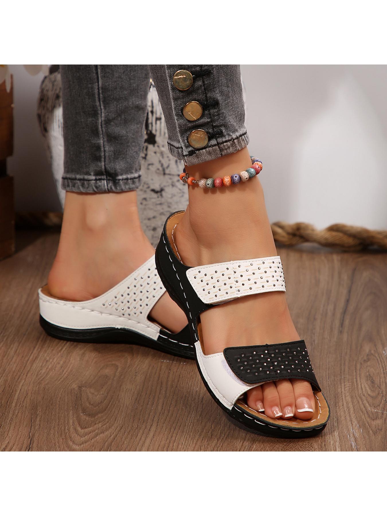 Women's slide sandals with full rhinestone design, simple yet stylish and eye-catching. Featuring thick, comfortable soles that add height without tiring your feet, a must-have for commuting and dating.