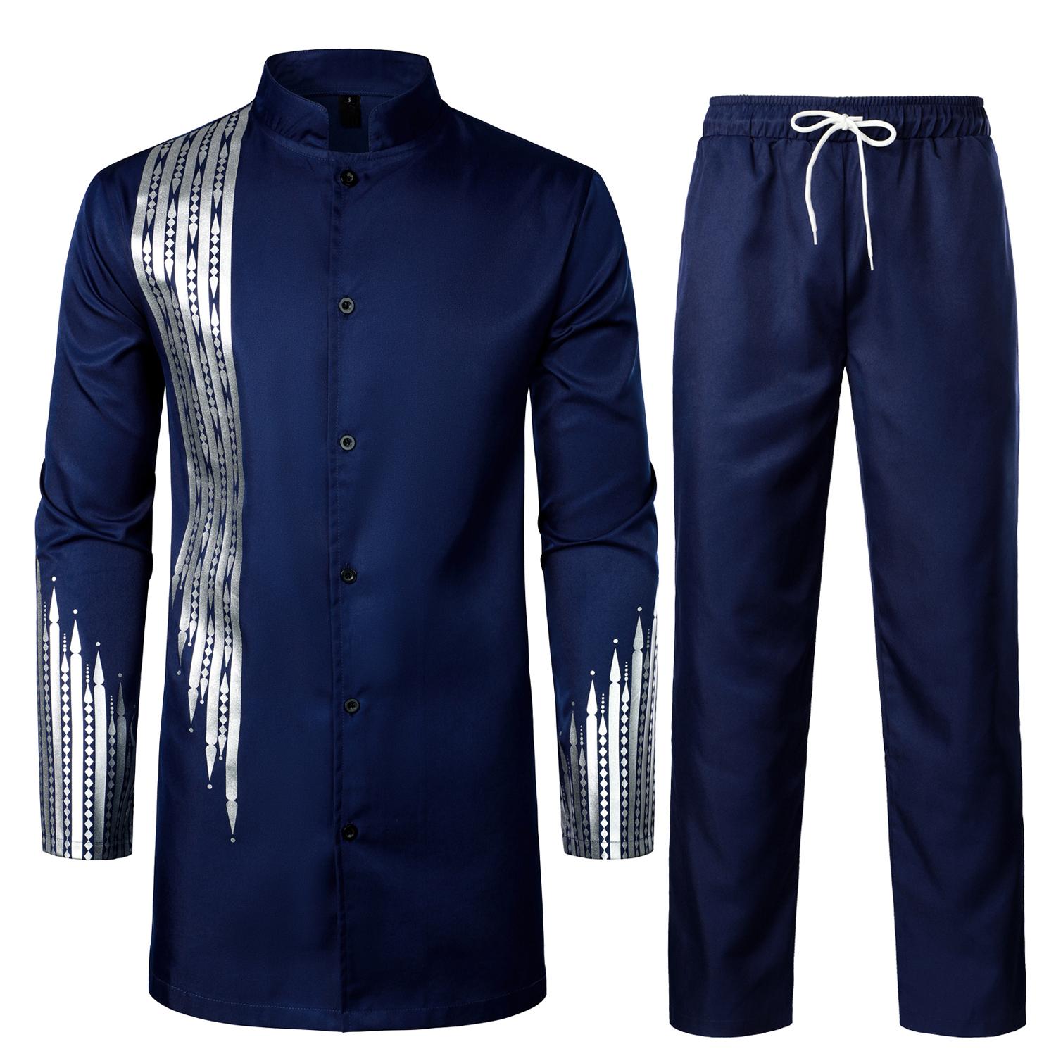 ZEROYAA Men's Traditional Suit Long Sleeve Button up African Dashiki Shirt and Pants Ethnic 2 Piece Outfit Clothes Cotton sets for men clothing men's 2 piece set Cardigan Breathable