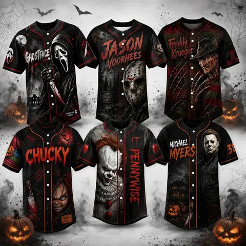 Unisex Horror Graphic Print Baseball Jersey - Slasher Theme Button-Up, Spooky Halloween Party Wear, Classic Sports Top for Horror Fans, Game Day Streetwear Halloween Gifts