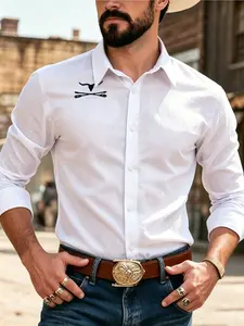 Men's Western Cowboy Style Shirt, Bull Head Arrow Embroidery Long Sleeve Slim Fit Casual Blouse, All Seasons Fashion Top, Print, Vintage, Menswear, Aesthetics