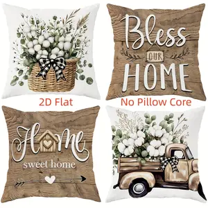 4pcs, Farmhouse Country Themed Throw Pillow Covers, Green and White Eucalyptus, Truck Pattern Design, "Bless OUR HOME" Text, Rustic Home Decor, Ideal for Living Room, Bedroom, Sofa Decor, 2D Flat, Single Sided Printing, No Pillow Core