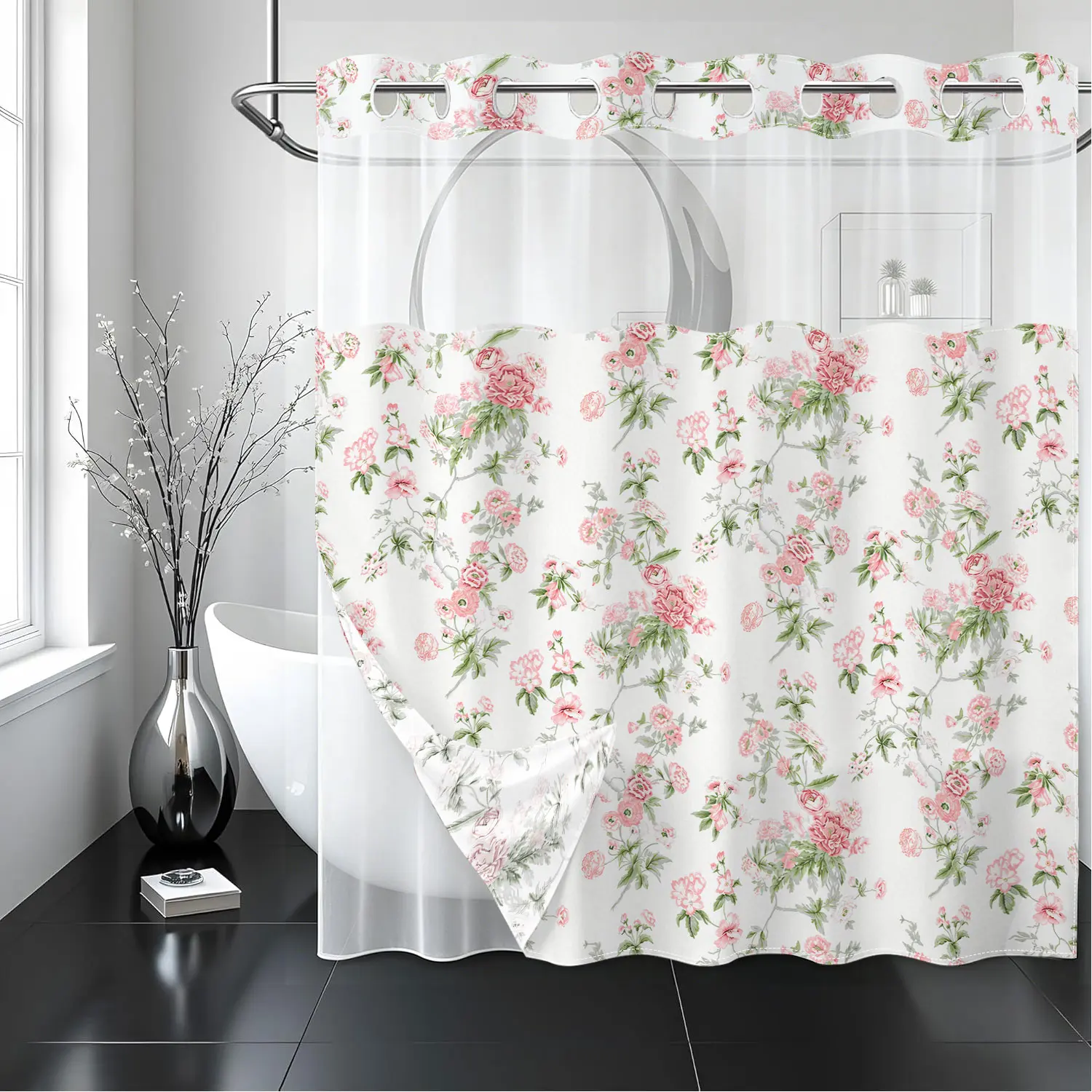 Hookless Shower Curtain with Sheer Mesh Window, Vintage Pink Floral Shabby Chic Rose Pattern, Double Layer Fabric Bathroom Curtain Set with Snap On Rings and Waterproof Liner, Elegant Bath Decor