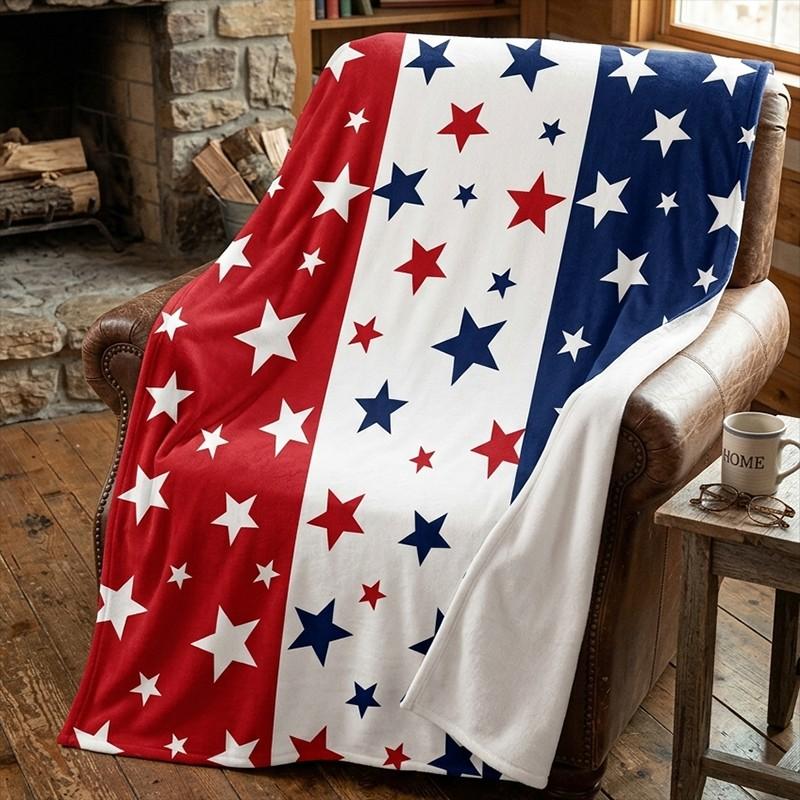 Star Pattern American Flag Themed Blanket, Soft Comfortable Throw Blanket, Cool Bedroom Bedding Blankets for Home Office Travel Dormitory Camping