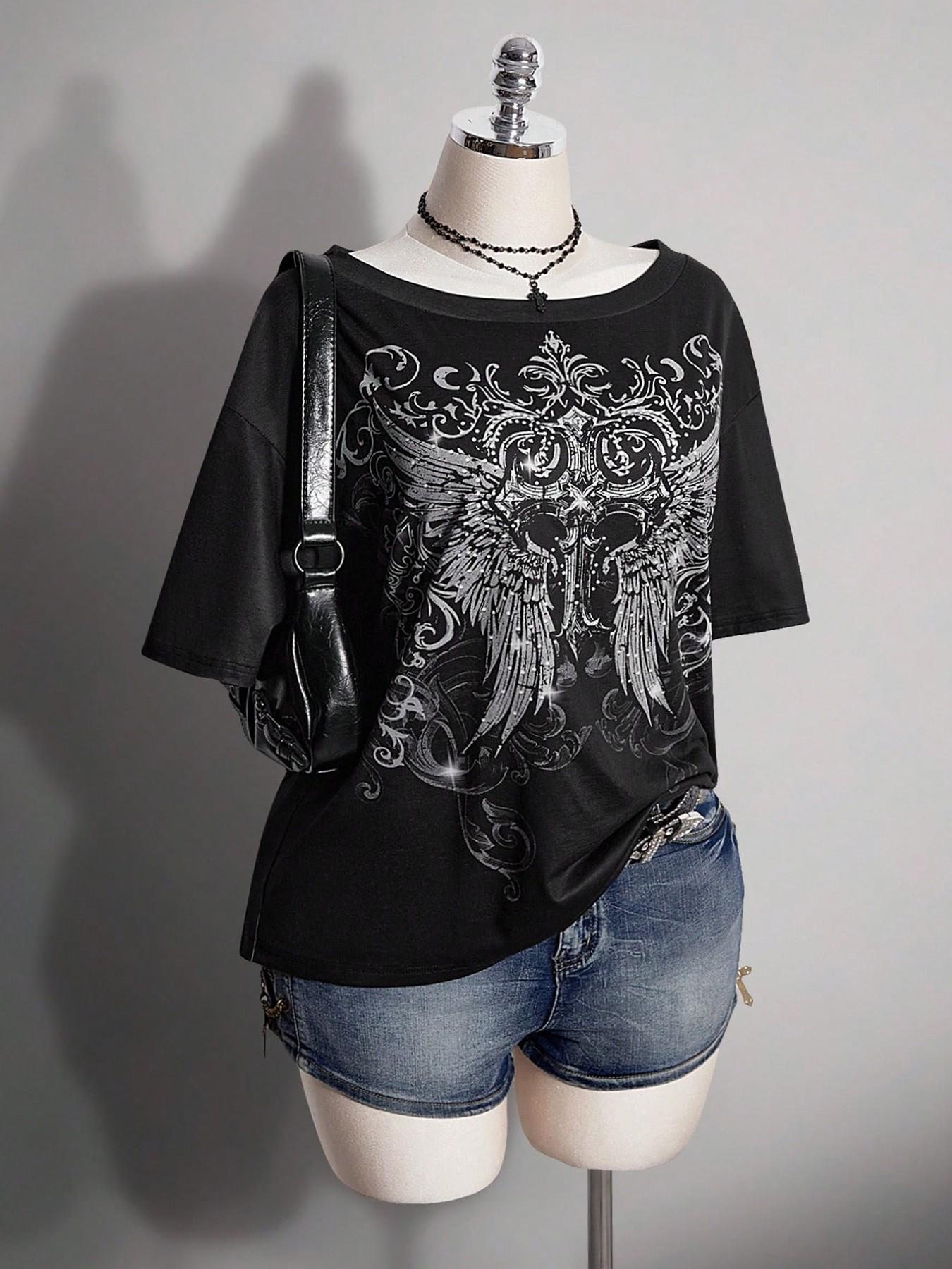 Women's Vintage Gothic Wing Print Short Sleeve Top, Summer Casual Fashion Graphic T-Shirt, Casual Trendy Tee