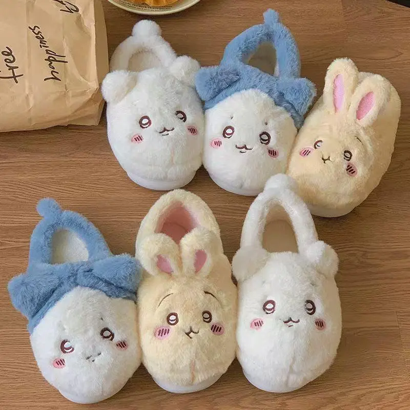 Anime Chiikawa Usagi Women's Plush Slippers Winter Kawaii Cartoon Cute Thicken Warm Girl Anti Slip Plush Warm Cotton Shoes Gifts
