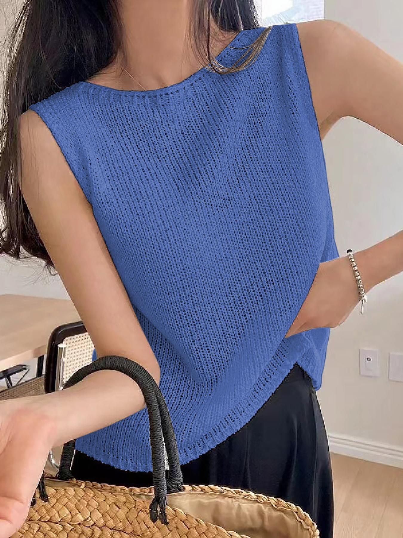 Women's Solid Round Neck Sweater Vest, Casual Sleeveless Knitwear Top for Spring & Summer, Women's Clothing for Daily Wear