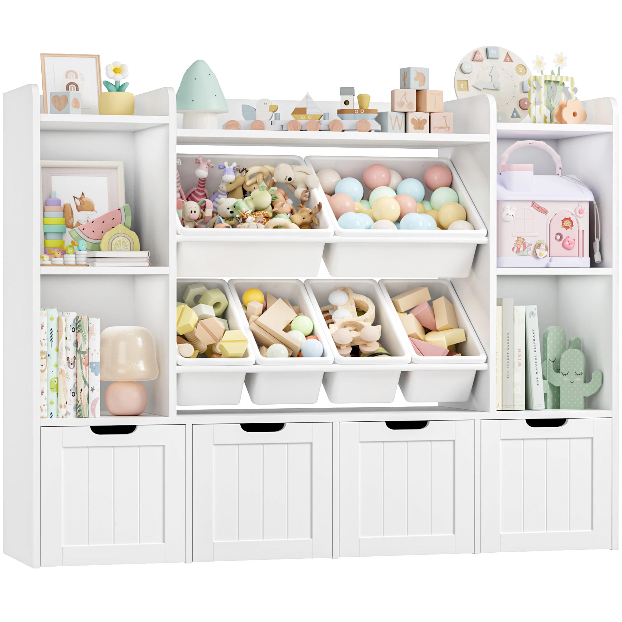 Large Toy Organizer Kids Bookshelf with 6 Bins & 4 Movable Drawers and 4 Storage Cubbies