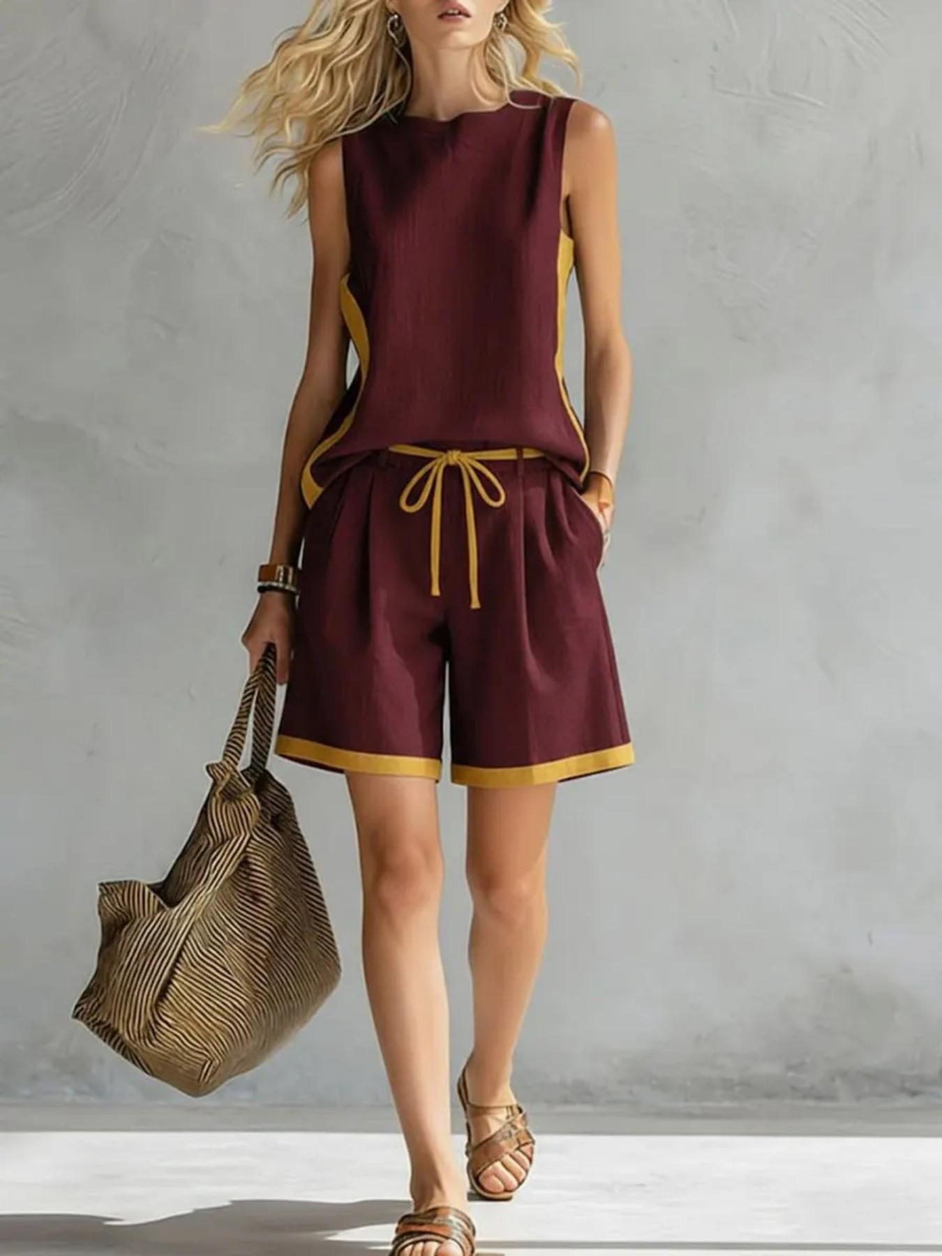 2026 Summer Women Sleeveless Top Color Block Two Piece Set Casual Fashion Wide Leg Pants Matching Outfits Trendy Daily Women Clothing Lady