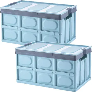 2 Pack 30L Collapsible Storage Box Crates Plastic Tote Storage Box Container Stackable Folding Utility Crates for Clothes, Toy, Books ,Snack, Shoe, and Grocery Storage Bin-Blue