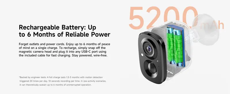 CINMOORE 2.5K Cordless Wireless Security Camera - Magnetic Mount Indoor/Outdoor Smart Home Gadget, Free Installation, HD Video, Full-Color Night Vision, Motion Detection, Wi-Fi, 2-Way Audio, Smartphone Control, Manufacturer Warranty, Monitor Capability