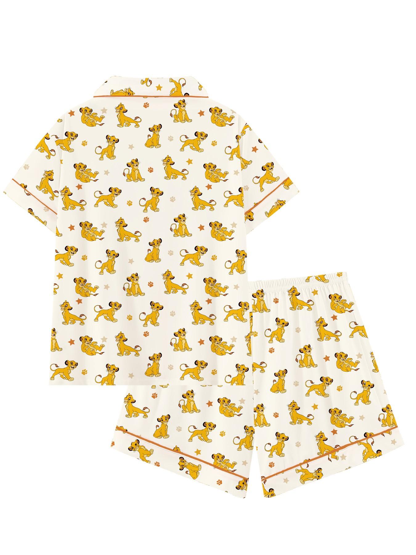 Adorable Lion Print Women's Pajama Set, Comfortable Two-Piece, Short Sleeve Button-Up Top & Elastic Shorts, Casual Home Wear, Loungewear, Party Gift