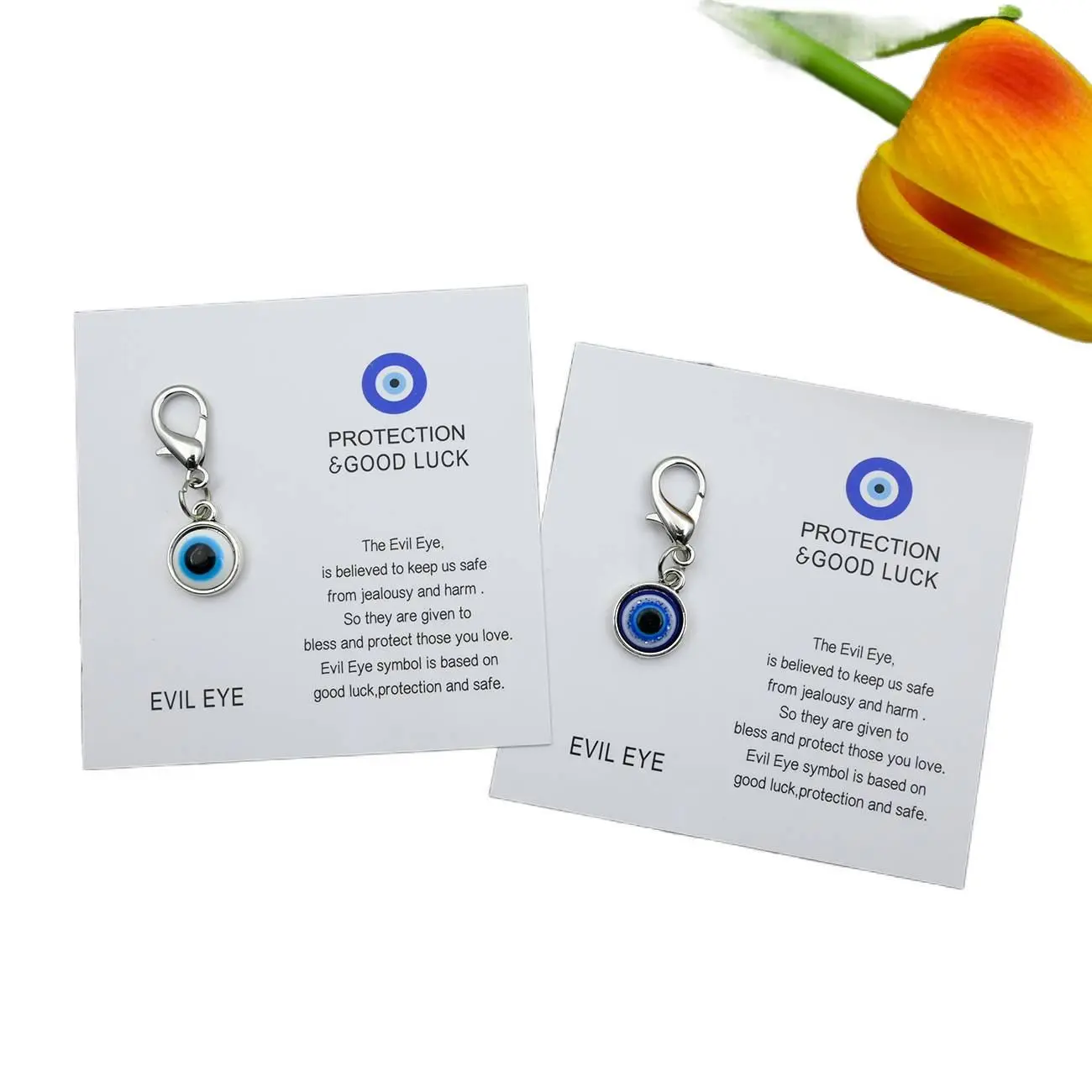 11PCS Blue Evil Eye Motif Keychain Charm Pendant, Good Luck Protection Amulet with Printed Blessing Card, Lobster Clasp Design, Bag Purse Accessory for Birthday Gift Ideas, Mom 21st Birthday Gifts, Metal Charms
