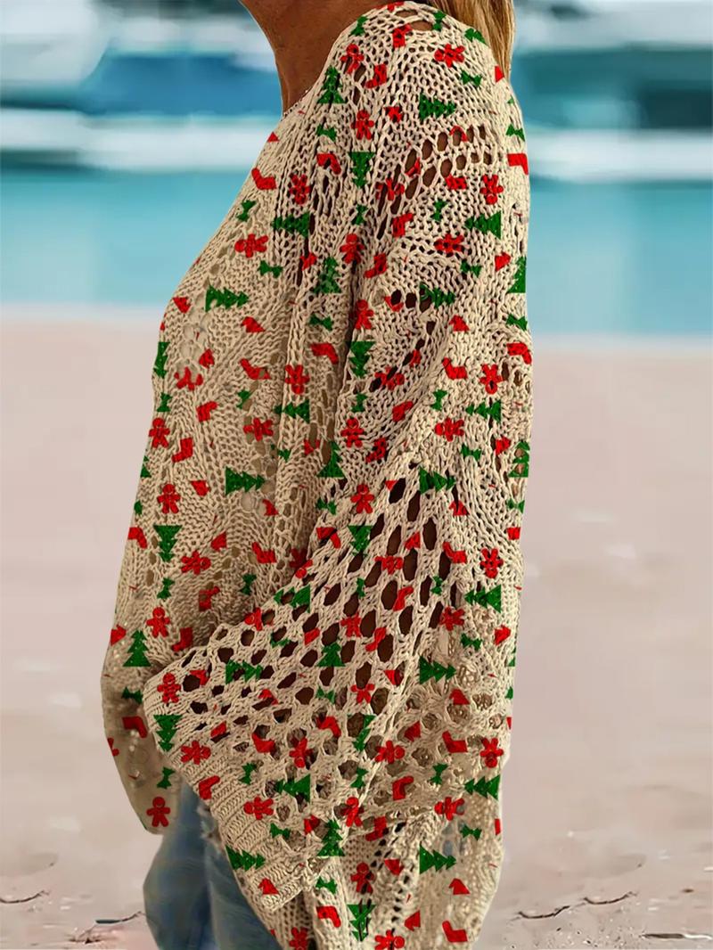 Women's Christmas Tree Print Long Sleeve Knit Top, Casual Elegant Vacation Style Sweater, Loose Batwing Shoulders, Spring Fall Clothing