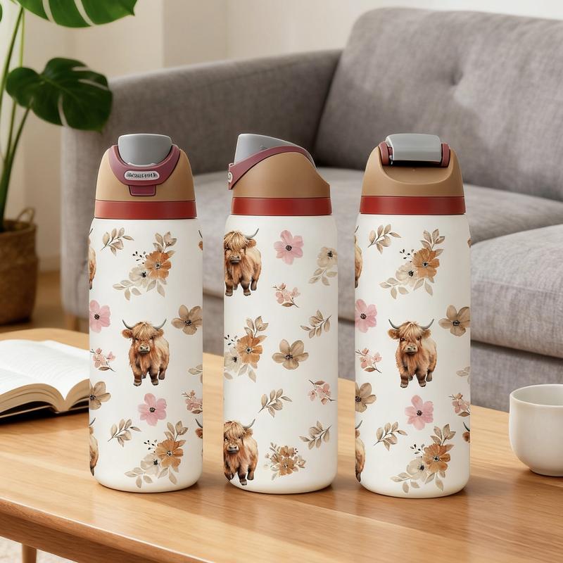1 pc 19oz/32oz Brown Highland Cow with Flowers Stainless Steel Tumbler with Lid, Hot for 12 hours, cold for 24, Vacuum Cup, Travel Mug, Insulated Flask. Great gift for women, moms, friends and teachers. Perfect for home, office, holiday and outdoor use