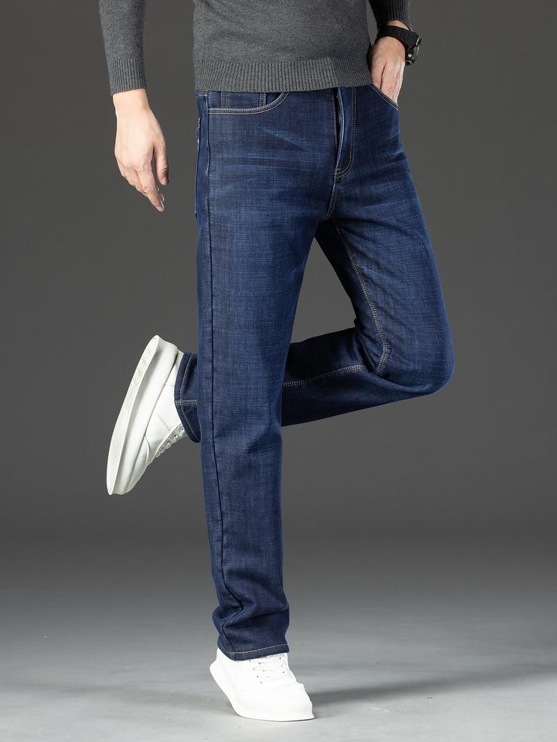 Men's Thickened Winter Fleece Plain Button High Waisted Jeans, Loose Straight Leg High Waist Casual Elastic Pants, Warm Long Denim Trousers for Fall & Winter