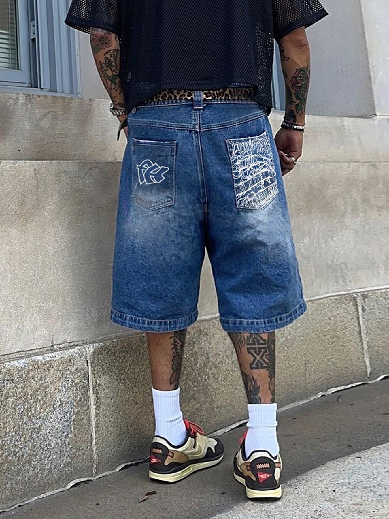 Men's Loose Fit Denim Shorts with Letter Embroidery, Y2K