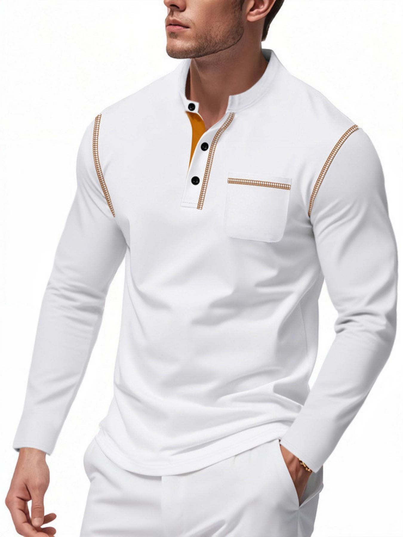 Men's Henry Long Sleeve Shirt, Button Neck Casual T-Shirt, Pocketed Daily Wear Fashion Top, Essential Stylish Clothing