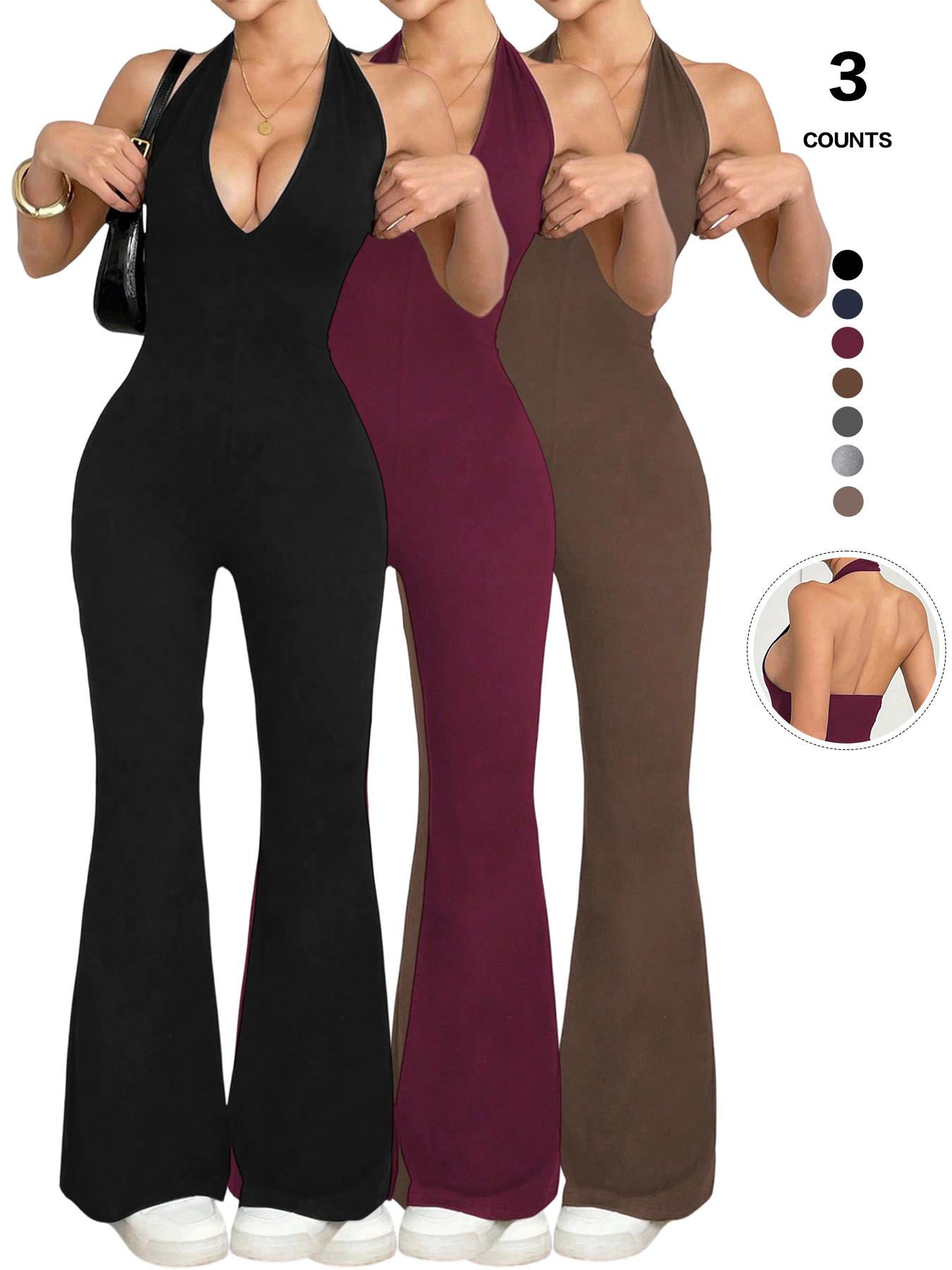 Women's Halter Neck Deep V-Neck Jumpsuit Sleeveless Ribbed Bodycon Flared Pants One Piece Romper Clubwear 2026