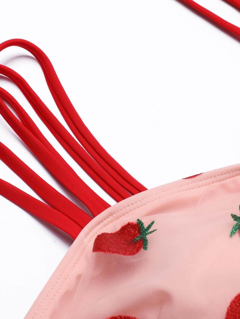 Retro Stage 1950s Pink Strawberry Appliqué Sleeveless High-Waisted Mesh Swimsuit Set with Ruffle Details Perfect Floral Bikini Color Block Bikini